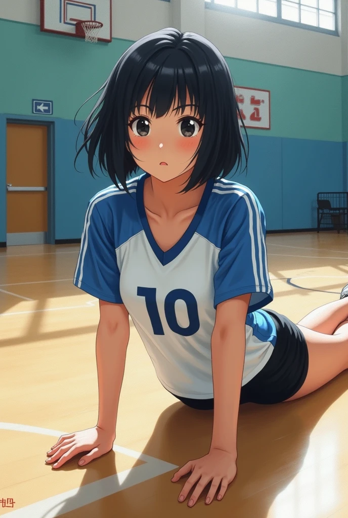 Japanese short black hair high school girl painting style。
oil。
Volleyball club practicing in the gym。
The uniform is white and blue on top、Black spats underneath。
The number on his front is 10. It looks like a photograph.。
From head to butt like an oil painting、Lying on the floor with her thighs visible