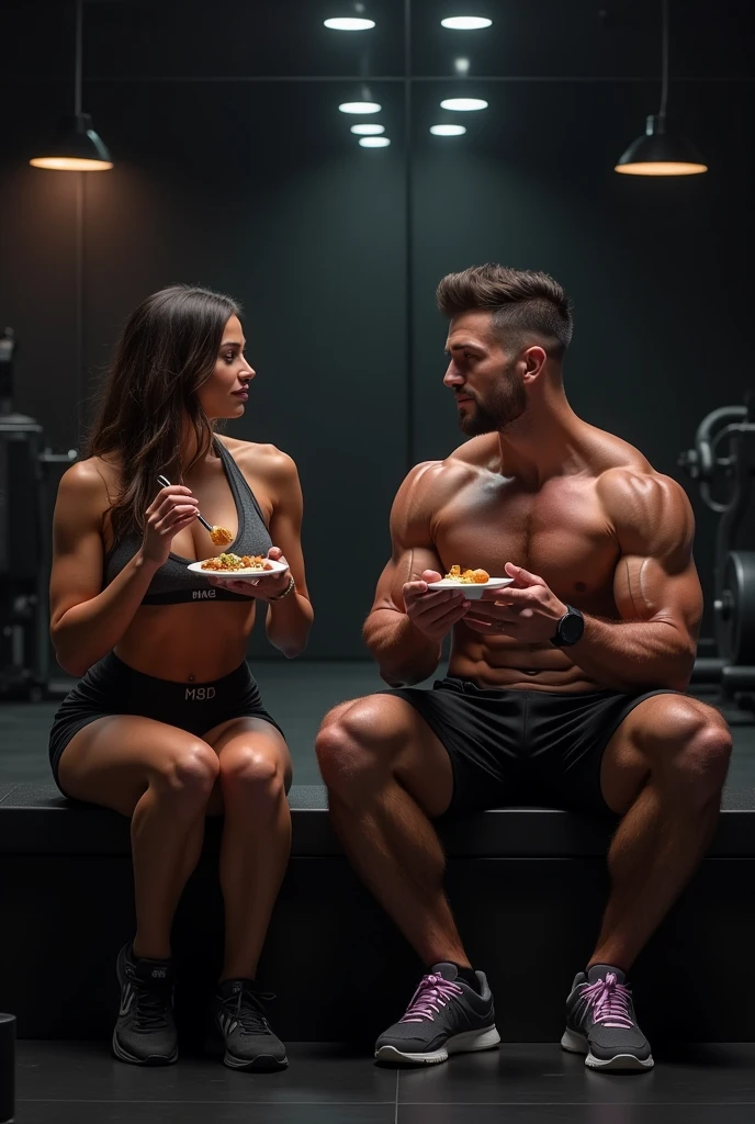 woman and man, sitting having a fitness meal at the gym, muscular man and woman with defined body, image background in black and baby lilac colors, where the color black predominates