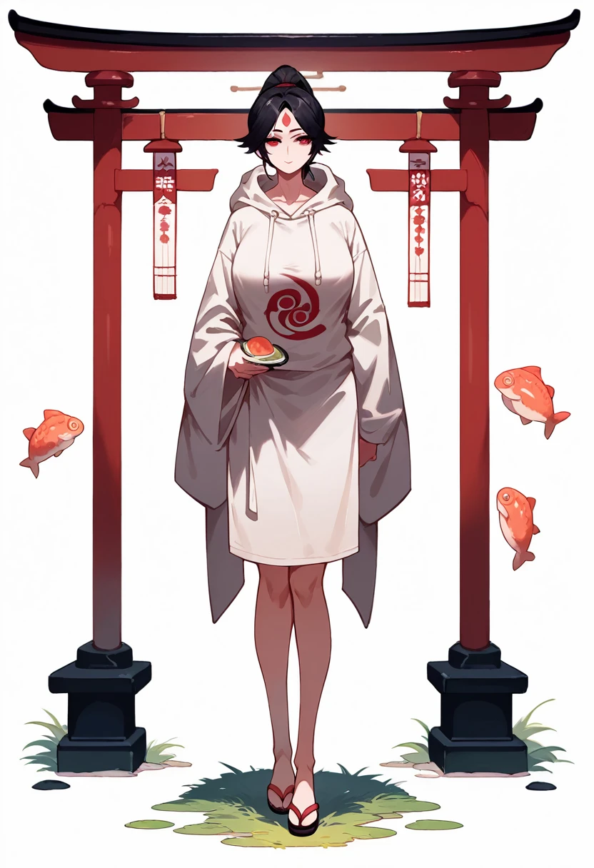 masterpiece, Highest quality, Highest quality,full body,ponytail,Shrine maiden,standing,yandere,Red eyes,White background,Alluring, hoodie,milf,Black Hair,tall,Long legs,Salmon sushi over head,squid,Sexy legs,mum,