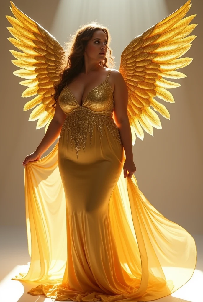 arafed woman with a gold wings and a gold dress, a stock photo by Randy Vargas, tumblr, arabesque, giant stunning goddess shot, voluptuous and arousing, voluptuous body, voluptuous figure, curvaceous. detailed, curvy model, curvy, draped in shiny golden oil, beautiful curvy female