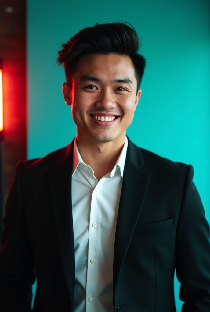 A young man with dark hair and a confident smile. He is dressed in a black blazer over a white shirt. The man is positioned against aqua colour backdrop with a subtle red lighting on the left side.  and he posing for LinkedIn profile