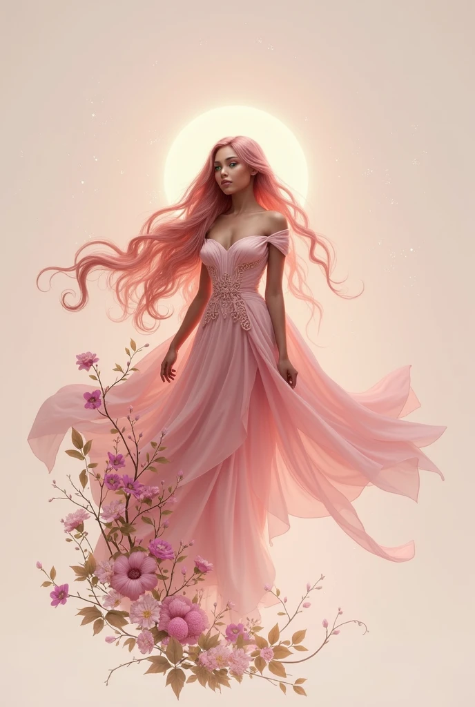 Spring goddess, deep brown skin, long light pink hair, in a forest, nature, floral gown, green eyes