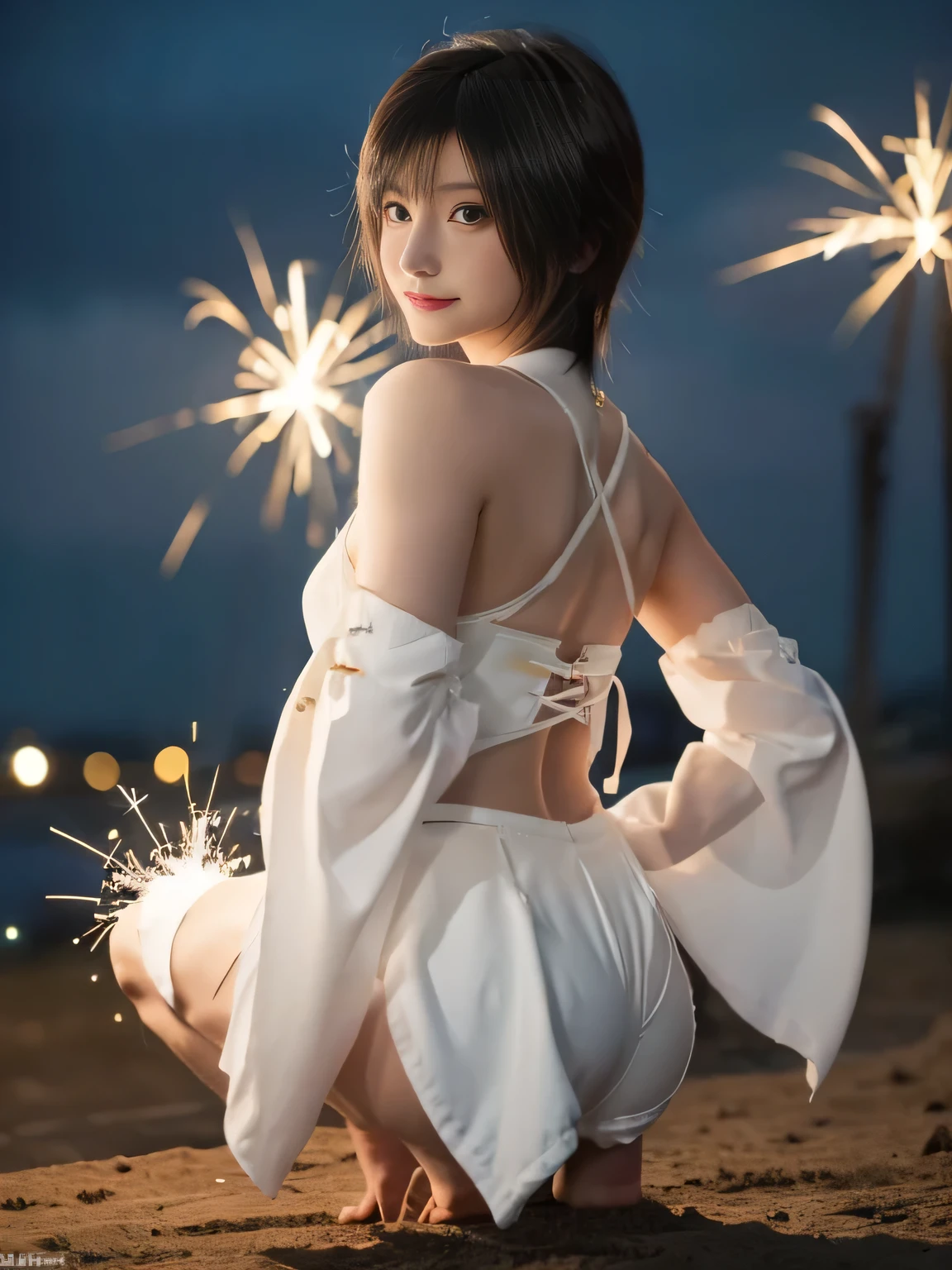 20 year old Japanese beauty,One woman、Muscular body like a bodybuilder、Emphasize the breasts、Slit eyes、Full body image up to the tip of the foot,Bust is very very large、Full moon night in the background、High quality photos、Clear, crisp images of the lower body、Masterpiece 8k、Smiling、Have a sparkler、From the front, from the side, from the back, etc.々from what camera angle to shoot、FF10 Yuna's outfit、Highly lustrous satin outfit、