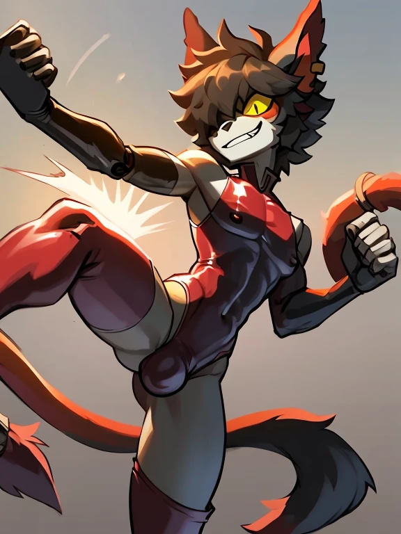 Male, robot wolf, detailed yellow eyes, long tail, big nipples, slim, sly, simple background,kicking, smirk, bulge, tail wrapping around body,aak,Sexy latex swimsuit,full body,fighting