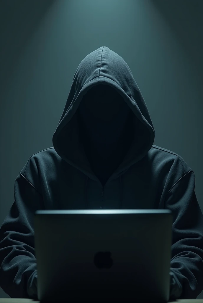 A young hooded man, no face, sit in front of computer, with light dark background.