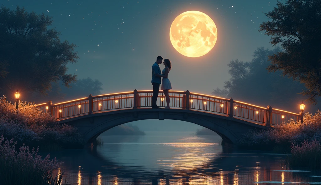 Here’s a detailed prompt to generate an image that matches the mood of the song:
---
"Create a romantic, dreamy scene set during the night. The focus is on two lovers standing apart on a bridge, separated by a slight distance, yet their eyes are locked on each other with deep affection. The surroundings are serene, with a calm river flowing beneath them, reflecting the soft glow of the full moon above. The sky is clear, dotted with stars. The bridge is adorned with soft, warm lights that add a golden hue to the scene. There are subtle, blooming flowers on the sides of the bridge, adding a touch of color. The overall mood should be one of yearning, love, and longing."
---
This should capture the essence of the song in a visual format.