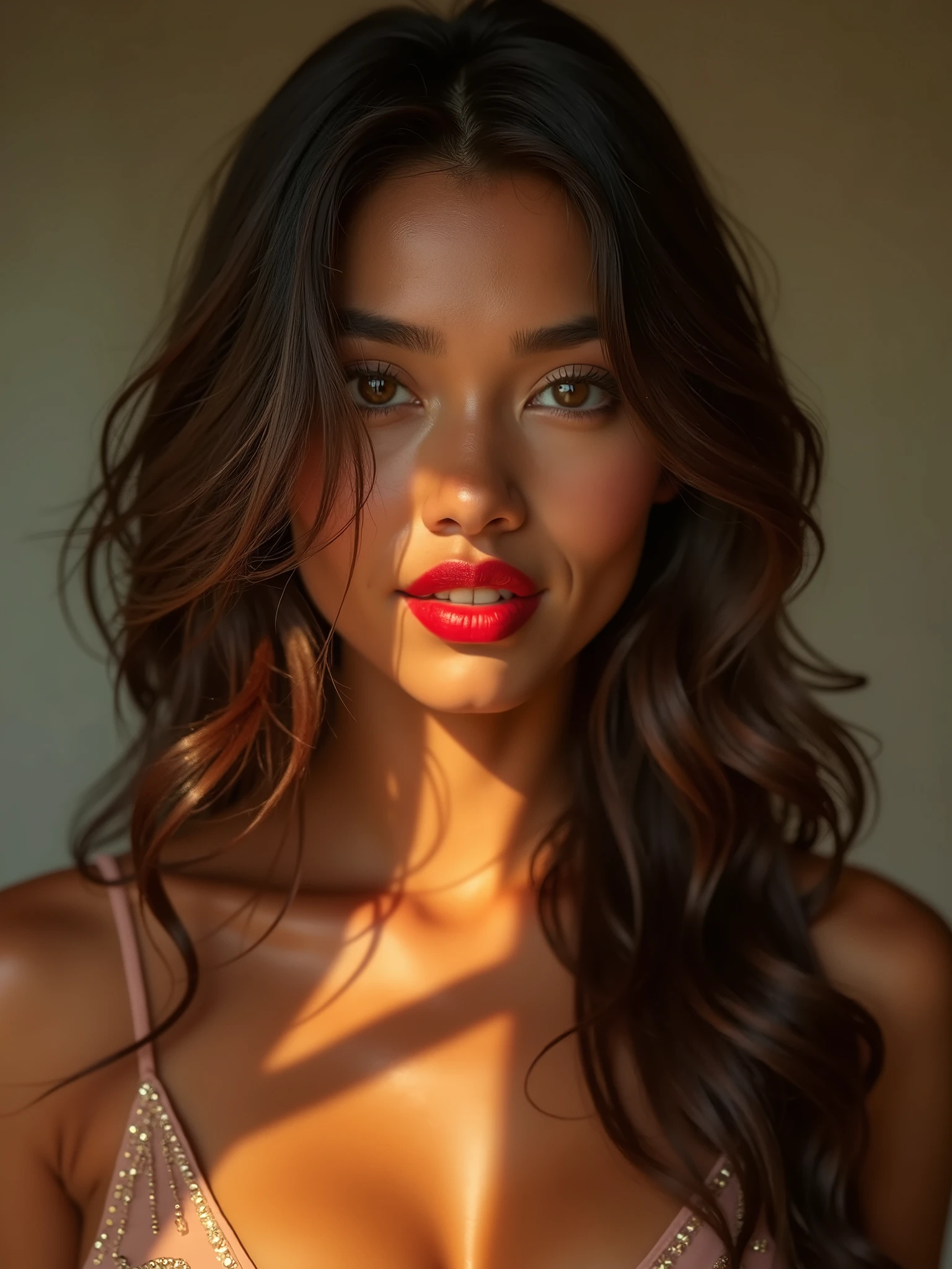 A breathtakingly heavenly beautiful Indian Asian, She has big breasts squeezing full body shot in the style of doggy style standing. Her sun-kissed skin, captivating honey eyes, and flowing brown hair immediately catch the eye. The portrait seems to be a high-resolution photograph, capturing every detail flawlessly. Her red lips are full and alluring, exuding a seductive charm. The overall quality of the image is outstanding, showcasing the model's natural allure in stunning detail.