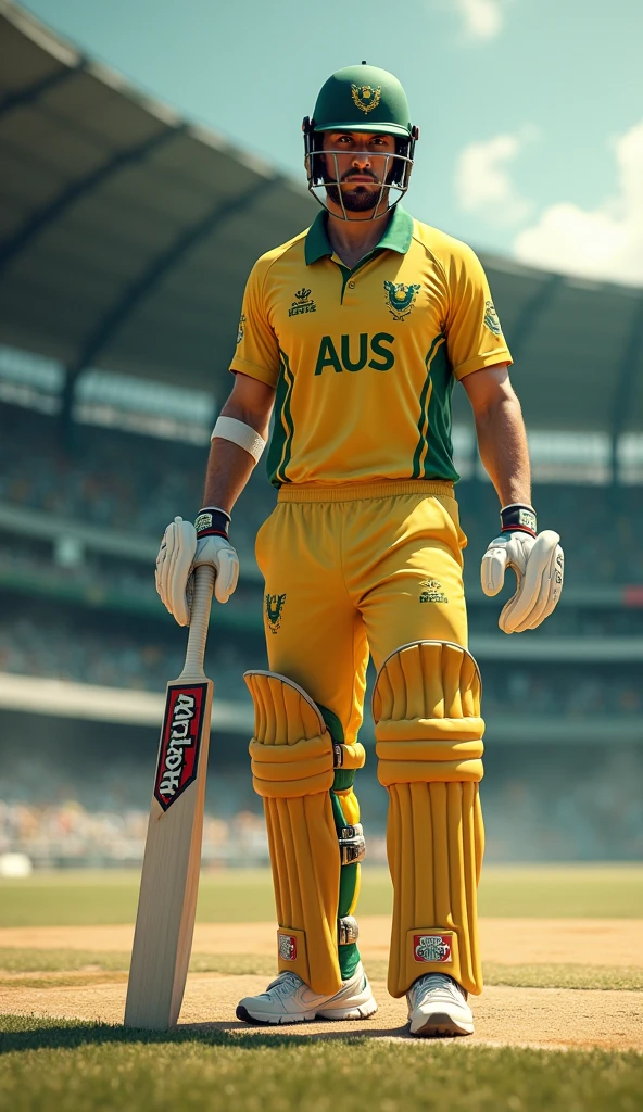Give me a cricket player with AUS written on his jersey. Full back., A hand holding a cricket bat drop shadow, anaglyph, stereogram, tachi-e, ass pov, atmospheric perspective, 8k, super detail, best quality waiting to start