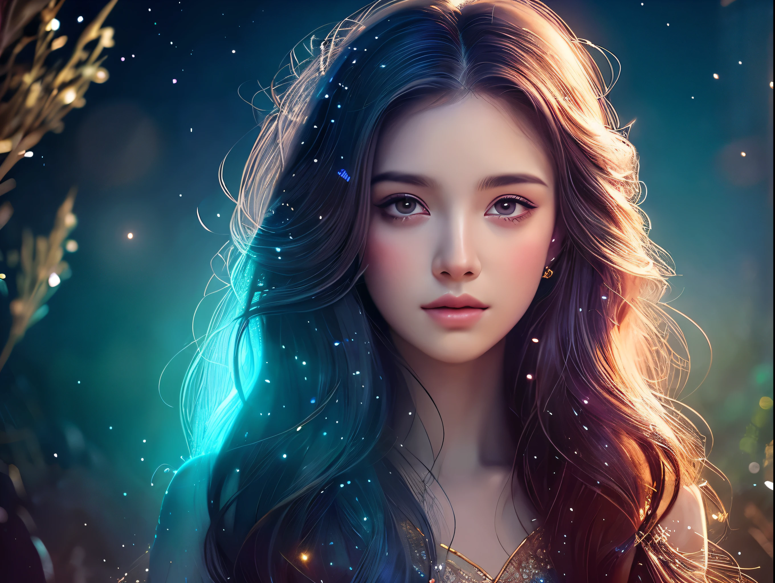A stunningly beautiful girl in a starry night sky, detailed facial features, long flowing hair, ethereal and magical atmosphere, glowing stardust particles, soft lighting, dreamlike and mystical, intricate details, cinematic composition, vibrant colors, digital art, concept art style