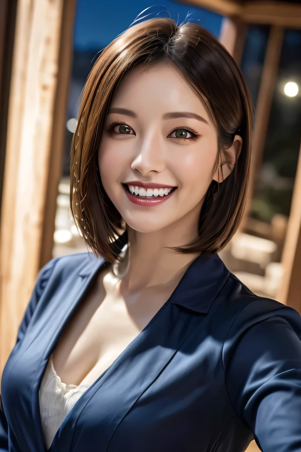(highest quality, 8k, 32K, masterpiece), (Realistic), (Realistic:1.2), (High resolution), (night:1.7), Japan, cyber punk, 街の景Farbe, In front of the window,Wooden floor, Blue jacket, Grey Shirt, clavicle, jewelry, gem, Brunette Bob, 1 female, 45 years old, (Grin), Beautiful body, beautifulNose, beautifulcharacter design, Perfect Eyes, perfectface, Expressive eyes, View your audience, Center the image, (Cowboy Shot), Official Art, Very detailed CG Unity 8k wallpaper, Perfect lighting,Farbeful, bright_front_face_Lighting,Glowing Skin, (masterpiece:1.0),(Highest_quality:1.0), 超High resolution,4K,Very detailed, photograph, 8k, High resolution, High resolution, absurdes:1.2, Kodak Port 400, Film Grain, Blurred Background, bokeh:1.2, Lens flare, (Vibrant_Farbe:1.2) (beautiful,chest), (beautiful_face:1.5),(narrow_Waist)