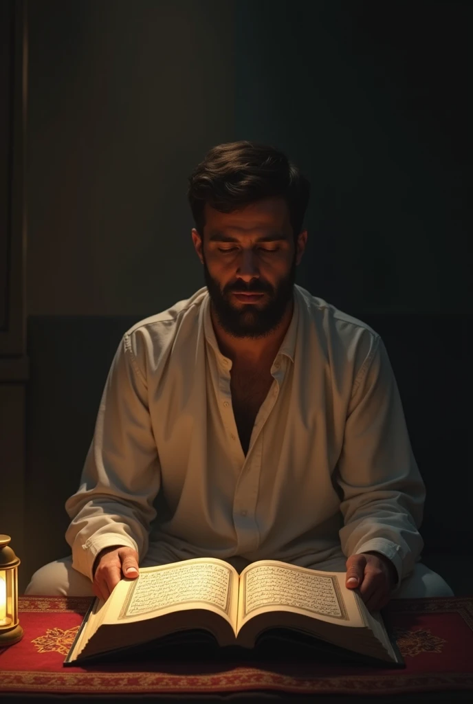 A man sits in a quiet room with an open Quran, reciting Surah Al-Mulk solemnly under the light of a lamp.
