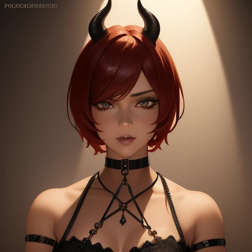 Slave girl, slave, chained girl, short red hair, black eyes, black goat horns, collar around the neck, collared girl, tanned skin, curvy body, extremely detailed eyes and face, beautiful detailed lips, long eyelashes, dramatic lighting, fantasy, mystical, magical, 8k, best quality, masterpiece, realistic, photo-realistic, full body, fantasy