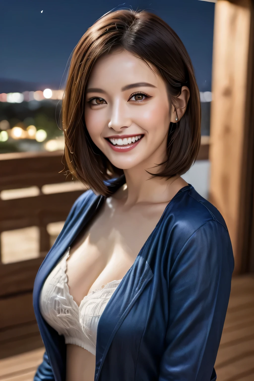 (highest quality, 8k, 32K, masterpiece), (Realistic), (Realistic:1.2), (High resolution), (night:1.7), Japan, cyber punk, 街の景Farbe, In front of the window,Wooden floor, Blue jacket, Grey Shirt, clavicle, jewelry, gem, Brunette Bob, 1 female, 45 years old, (Grin), Beautiful body, beautifulNose, beautifulcharacter design, Perfect Eyes, perfectface, Expressive eyes, View your audience, Center the image, (Cowboy Shot), Official Art, Very detailed CG Unity 8k wallpaper, Perfect lighting,Farbeful, bright_front_face_Lighting,Glowing Skin, (masterpiece:1.0),(Highest_quality:1.0), 超High resolution,4K,Very detailed, photograph, 8k, High resolution, High resolution, absurdes:1.2, Kodak Port 400, Film Grain, Blurred Background, bokeh:1.2, Lens flare, (Vibrant_Farbe:1.2) (beautiful,chest), (beautiful_face:1.5),(narrow_Waist)