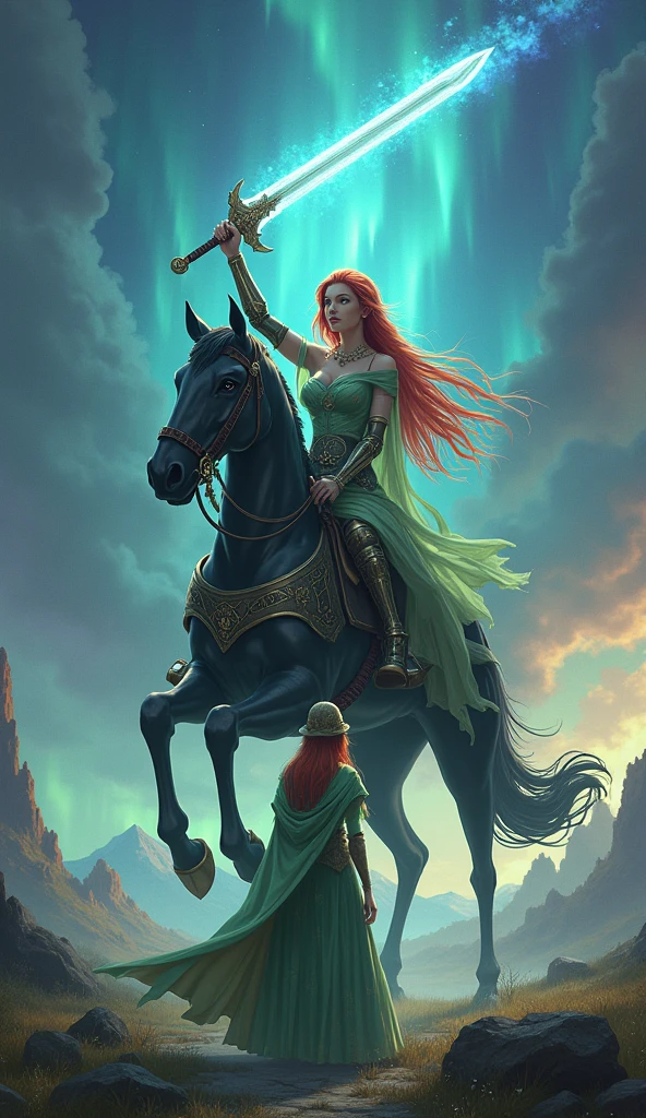 In a vast, mystical landscape where the sky shimmers with the colors of the evening aurora, the graceful summoner Seraphina stands. Her long, flowing red hair is topped with a green hood, and her piercing green eyes are filled with determination. Her elegant robe, made of pale green cloth with magical symbols embroidered on the sleeves, billows gently in the breeze. In her hand is a staff that glows faintly with mystical energy.
Seraphina summons Odin, a legendary and imposing knight who exudes an aura of unyielding power and authority. Clad in intricate, jet-black armor adorned with ancient runes, Odin sits astride his mighty steed Sleipnir, an eight-legged horse that gallops through the air as if it were the wind itself. With a commanding gesture, Odin raises his colossal sword, Zantetsuken, high into the sky. The sword gleams with a radiant light, casting a powerful aura that fills the atmosphere with a sense of impending doom. Odin’s eyes burn with fierce determination as he prepares to unleash his signature move, Zantetsuken, a single, devastating strike that cleaves through his enemies with merciless precision, leaving only silence in its wake.