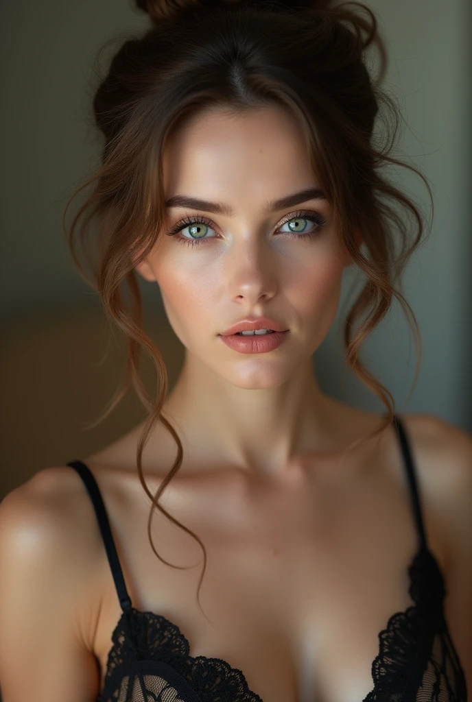 Best quality,ultra-detailed,photorealistic:1.37,UHD,professional,HDR,realistic,portrait,Ukrainian beauty, gorgeous woman, exquisite facial features, sparkling blue eyes, porcelain skin, elegant pose, natural beauty, vibrant colors, soft lighting ,subtle shadows, feminine elegance, (Messy French Twist Updo With Hanging Curls hairs), black mesh chemise with intricate lace design, soft lighting, vivid colors, professional photography, portraits, bokeh