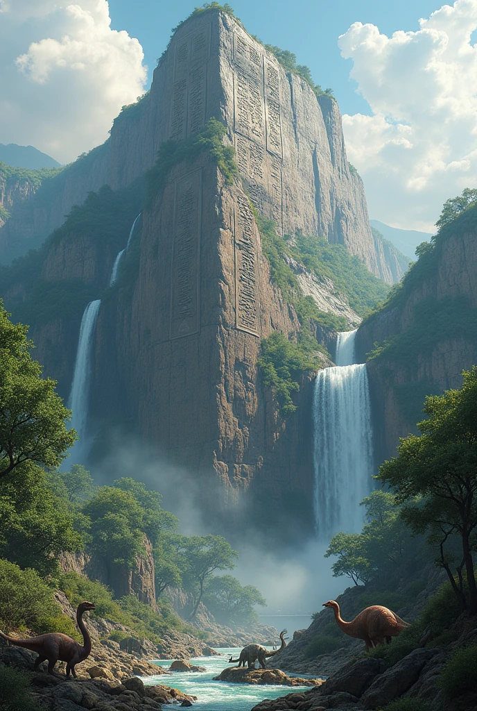 create a mountain with carved writing prelude realism events and around the mountain several dinosaurs and a waterfall