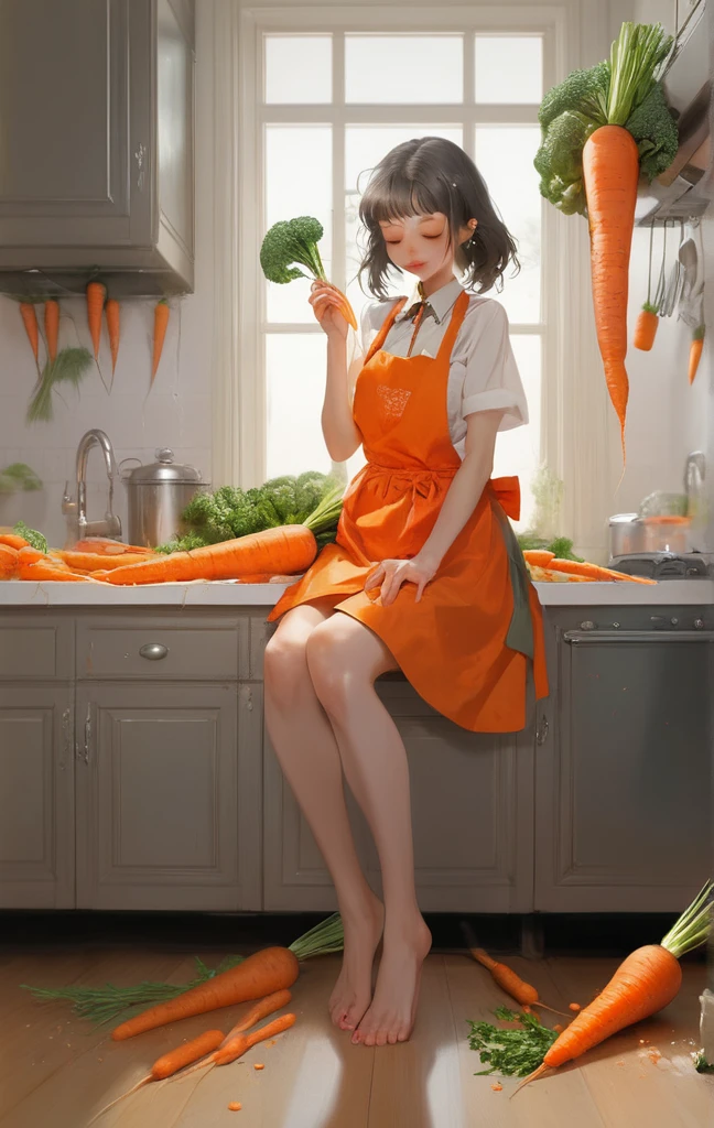 (masterpiece, ultra high quality, anatomical) kitchen, housewife, legs in M   position, orgasm, intense sweating, convulsions, {{love juice}}, cute apron, one-piece dress, low angle, eyes closed, mouth open, hands on carrot, carrot tip to crotch, {{ahegao}}, {{vegetable masturbation}}, {{carrot tip touching crotch}}, {{carrot tip to pussy}}, carrot tip touching crotch, carrot tip digging into crotch, bow-legged, pointed carrot, {{{pressing carrot tip against}}}, carrot tip touching female genita