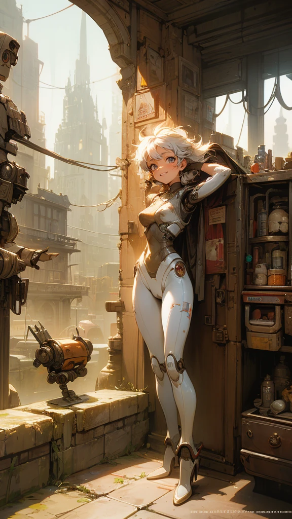 Highest quality、Highly detailed、Full Body Shot、A beautiful girl who is always smiling、Pure white teeth、Disheveled Hair、Shabby bodysuit、Oil-stained gloves、Surrounded by vintage toy robots、A city made of tin and metal like a can、A cluttered city、Retro、Sepia contrast、Rusty Door、Fantasy Punk City、Warm atmosphere