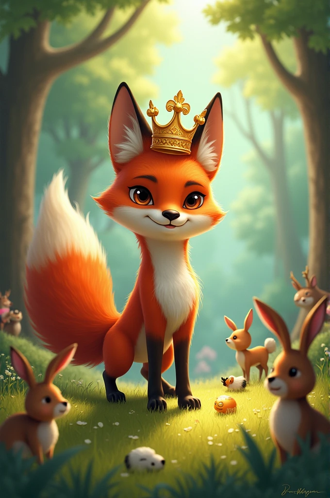 A clever fox discovers a golden crown lying in a forest clearing. The crown is ornate and shining, hinting at royalty. The fox, intrigued and curious, places the crown on his head and struts proudly around the forest. In one scene, show the fox wearing the crown with a confident posture, walking among forest animals who look on with a mix of curiosity and skepticism.