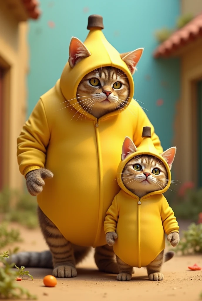 cat in banana suit has a strong father cat in banana suit