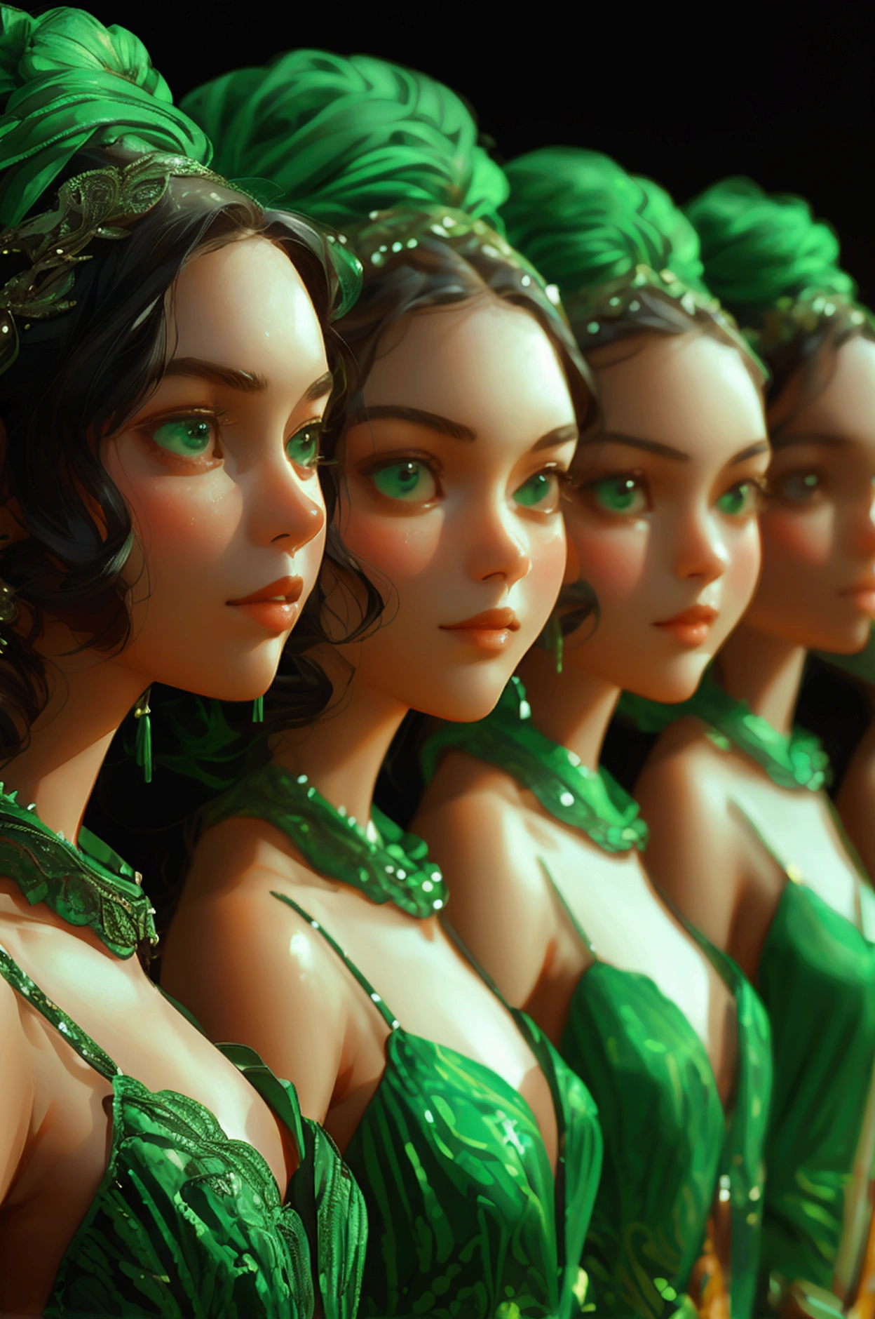 a group of girls on podium with mike, ready for announcemet, wearing green resses, full bodies, full body character, looking at camera