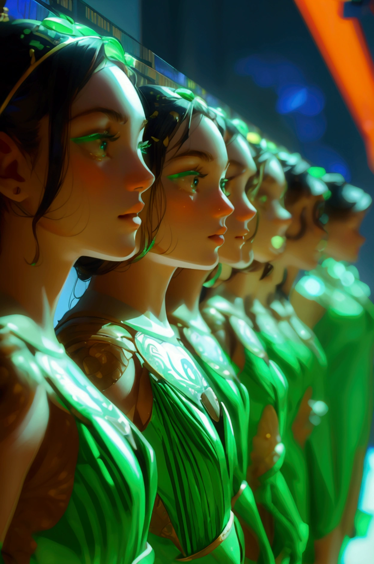 a group of girls on podium with mike,  ready for announcemet, wearing green resses, full bodies, full body character, looking at camera 