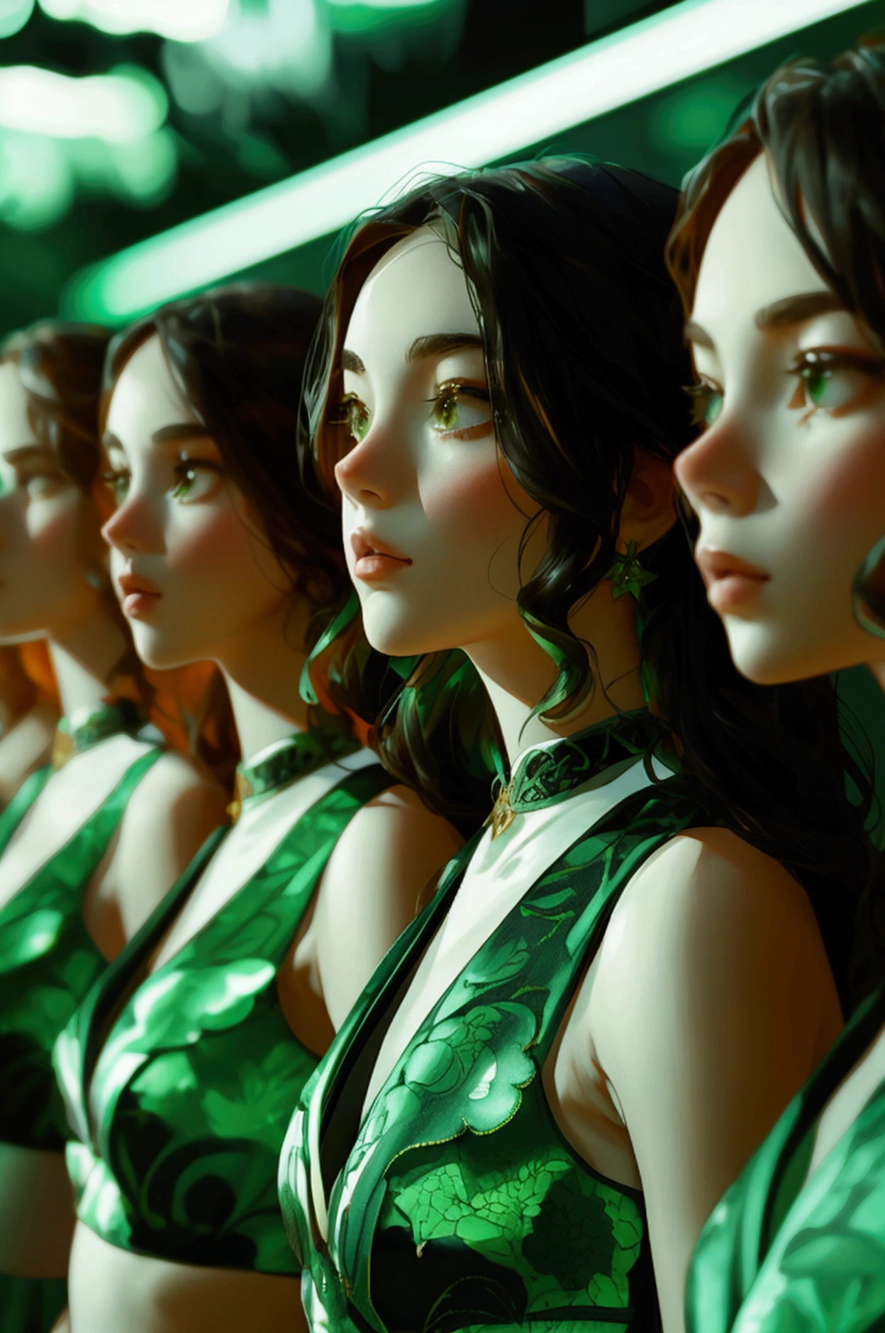 a group of girls on podium with mike, ready for announcemet, wearing green resses, full bodies, full body character, looking at camera