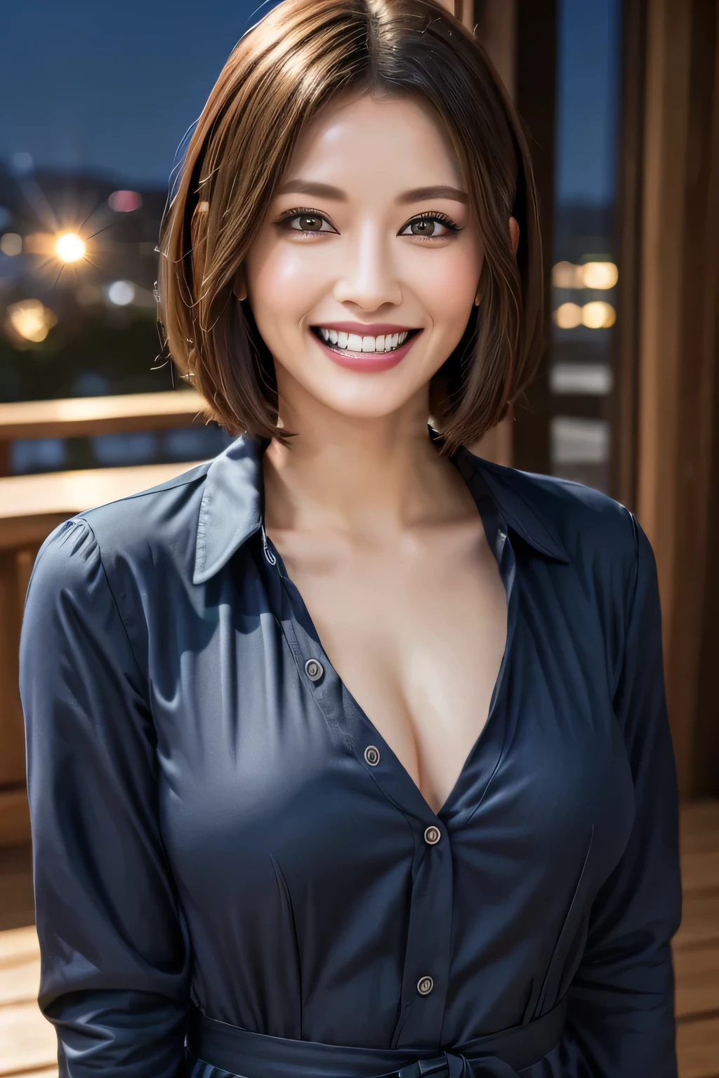 (highest quality, 8k, 32K, masterpiece), (Realistic), (Realistic:1.2), (High resolution), (night:1.7), Japan, cyber punk, 街の景Farbe, In front of the window,Wooden floor, Blue jacket, Grey Shirt, clavicle, jewelry, gem, Brunette Bob, 1 female, 45 years old, (Grin), Beautiful body, beautifulNose, beautifulcharacter design, Perfect Eyes, perfectface, Expressive eyes, View your audience, Center the image, (Cowboy Shot), Official Art, Very detailed CG Unity 8k wallpaper, Perfect lighting,Farbeful, bright_front_face_Lighting,Glowing Skin, (masterpiece:1.0),(Highest_quality:1.0), 超High resolution,4K,Very detailed, photograph, 8k, High resolution, High resolution, absurdes:1.2, Kodak Port 400, Film Grain, Blurred Background, bokeh:1.2, Lens flare, (Vibrant_Farbe:1.2) (beautiful,chest), (beautiful_face:1.5),(narrow_Waist)