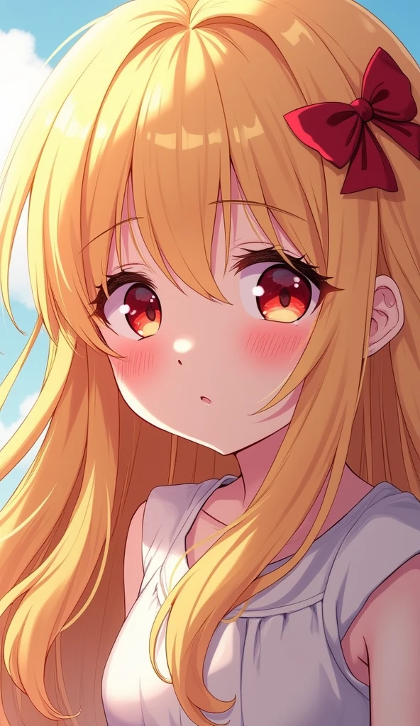 Nakamura Aya is a 5-year-old girl created in anime style., A child who looks amazing and full of different styles. She has long blond hair，Softly drapes down to the waist, Stands out against pale skin. His eyes were crimson, Like a bright ruby, With a mysterious expression.  