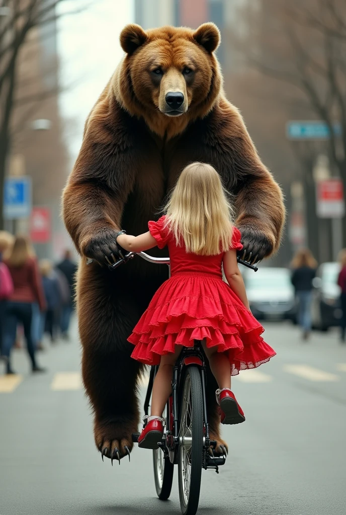 Newspaper photo\(realistic big bear pedaling bicycle, beautiful innocent blonde girl\(in red frilly dress\) sitting backwards on back of bicycle, feeling adolescent, at urban side, color photo\)