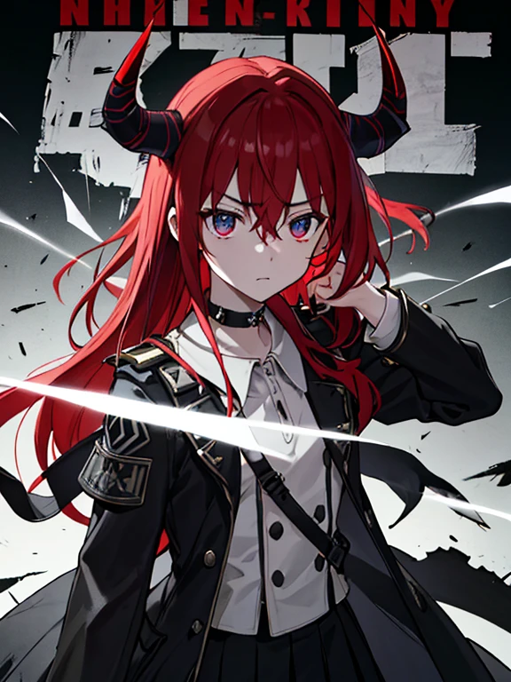 ((top-quality)), ((masterpiece)), ((ultra-detailliert)), (extremely delicate and beautiful),(((Dramatic)))、(((gritty)))、(((vehement)))Movie poster featuring a young woman as the main character。hair between eyes, long hair, one side up, red hair、Magazine Art、She wears stylish and edgy clothes、Stand confidently in the center of the poster。Dressed in costume、I have a look of determination on my face。The background is dark and gritty.、Feeling danger and intensity。Text is bold and attention-grabbing、The catchy tagline is、Enhances the overall sense of drama and excitement。The color palette is predominantly bright、studded with saturated bright colors.、It gives the poster a dynamic and visually striking look。a miniskirt、Uniforms、Black Choker, black horns