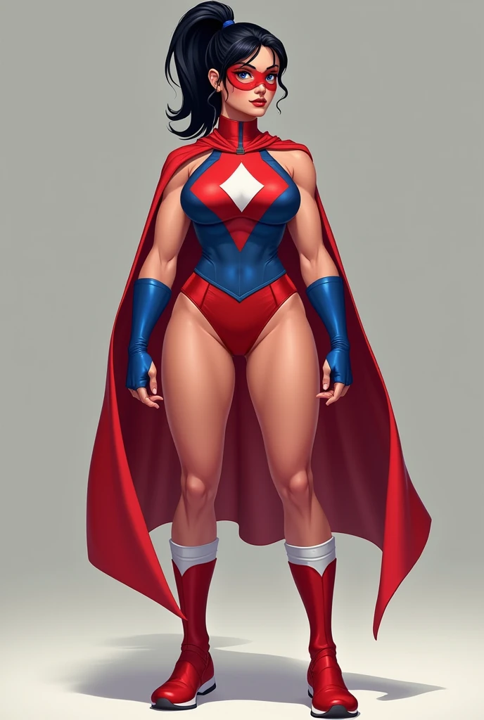 ((masterpiece)),(((best quality))),((character design sheet)), ((full body view)) illustration,(female superhero), muscular, ((blue bodysuit:1.5)), superhero, (dark brown hair:1.2), (red cape:1.5) ((detailed face:1.4)) beautiful woman, (small head:1.2) ((small breasts:1.4)) (red thighhighs:1.3)(messy hair:1.4), (blunt buzzcut:1.4), (long sideburns:1.4), shiny skin, (yellow logo on chest:1.4)(puffy lips:1.5), (full lips:1.4) (wide hips:1.3), hip dips, detailed lips, (red gloves:1.2) rough sketches, pose, 8k,16k, (simple background, white background: 1.3)