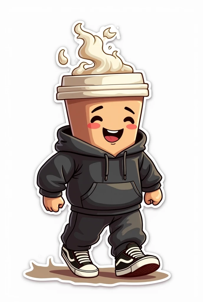 "Create a masterpiece, sticker, adhesive, sticker, impression, illustration of a cup, based on a cartoon from the 30's, the mug is wearing streetwear clothes, a black hoodie, a baggy pants and some vans style sneakers, His expression is happiness, His attitude is security and confidence, action: He is walking happily, steam comes out of his head" the background is solid white