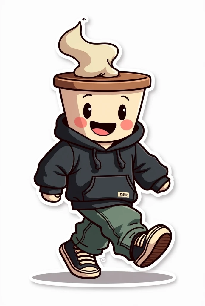"Create a masterpiece, sticker, adhesive, sticker, impression, illustration of a cup, based on a cartoon from the 30's, the mug is wearing streetwear clothes, a black hoodie, a baggy pants and some vans style sneakers, His expression is happiness, His attitude is security and confidence, action: He is walking happily, steam comes out of his head" the background is solid white
