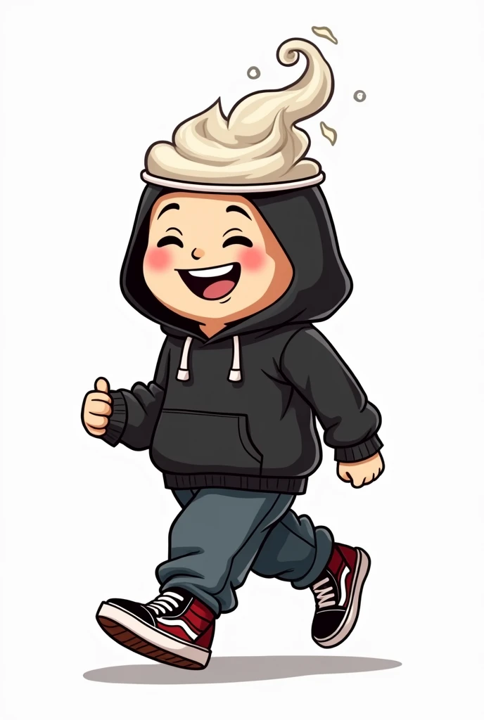 "Create a masterpiece, sticker, adhesive, sticker, impression, illustration of a cup, based on a cartoon from the 30's, the mug is wearing streetwear clothes, a black hoodie, a baggy pants and some vans style sneakers, His expression is happiness, His attitude is security and confidence, action: He is walking happily, steam comes out of his head" the background is solid white