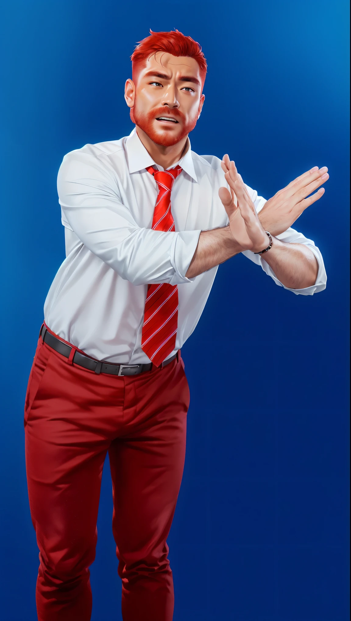 handsome man in white shirt, standing pose, angry face, brown pants, red tie, tough character, absolute chad, cute male with high volume red haircut, showing x gesture, no gesture in hands, masterpiece retouch, healthy saturated skintone, intricate hair details, raytracing render, cycles, plastic material, glossy, masterpiece render, unreal engine, 8k render, best quality, 4k,realistic, vivid colors, dark blue background
