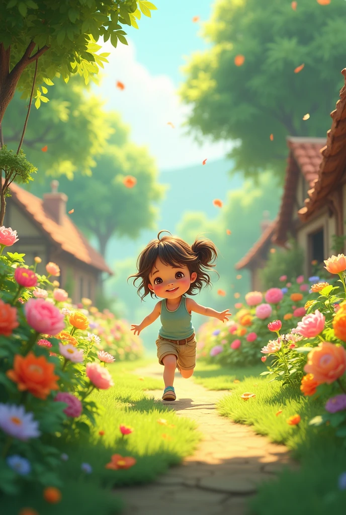 Prompt: A young, small girl playing joyfully in a beautiful village garden filled with colorful flowers, trees, and green grass. The scene is peaceful and bright with sunlight filtering through the leaves.