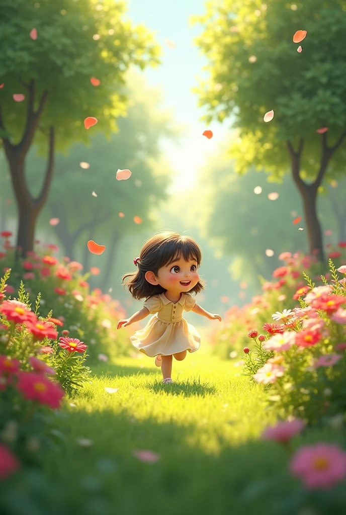 Prompt: A young, small girl playing joyfully in a beautiful village garden filled with colorful flowers, trees, and green grass. The scene is peaceful and bright with sunlight filtering through the leaves.