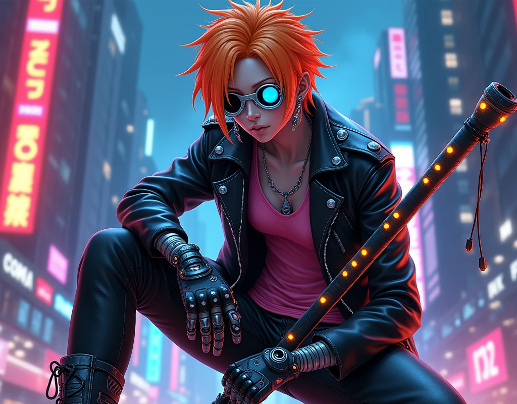 "us, the character of One Piece, It is represented in a Cyberpunk style. Wears a leather jacket with built-in neon lights, tight pants with cybernetic details and high metallic boots. Her iconic orange hair is now slightly longer and features bright highlights in neon shades.. He has glasses with a technological visor on one eye and various high-tech accessories., like futuristic earrings and gloves with digital interfaces. His classic Clima-Tact stick has been reimagined as a weapon with mechanical parts and light-up buttons.. In the background, a futuristic cityscape with skyscrapers and neon lights, which reflect its transformation into a Cyberpunk style."