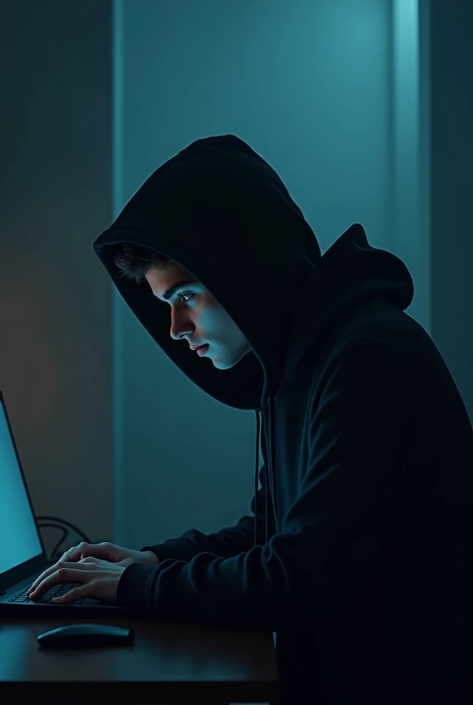 A young hooded man, no face, sit in front of computer, with light dark background