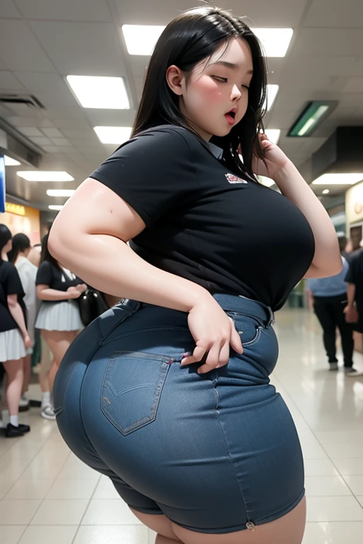 Sexy bbw girl standing in subway wearing  uniform, Close your eyes, sweat and look miserable, Open your mouth and stick your tongue out, Emphasize huge butt