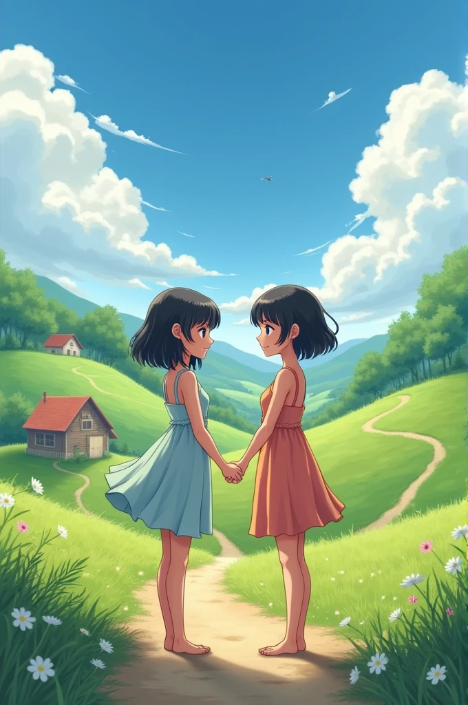 "A beautiful -yeld wo with short black hair and black eyes, in the countryside with her best friend."