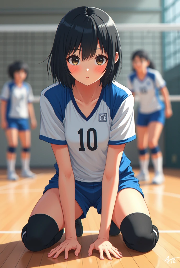 Japanese short black hair high school girl painting style。
oil。
Volleyball club practicing in the gym。
The uniform is white and blue on top、Black spats underneath。
The number on his front is 10. It looks like a photograph.。
The thighs are kneeling on the floor in front so that they can be seen from the head, like in an oil painting.
