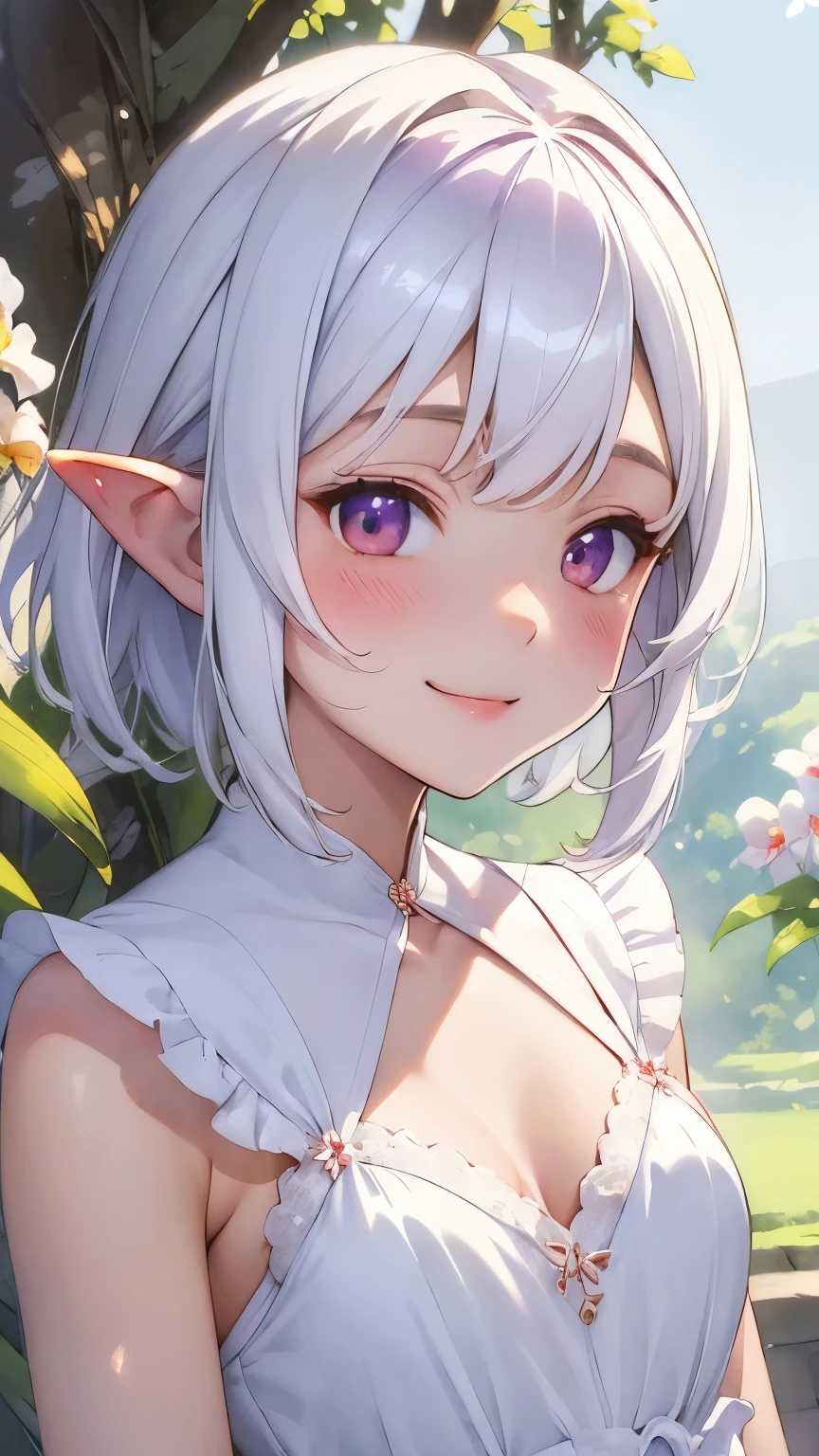 ((Cattleya、Three White Flowers、Close-up、Upper Body、))、(Elf sitting on a tree branch、short hair、Silver Hair、A kind smile、Blushing cheeks、Small breasts)、Soft Focus、((Sargent-style watercolor))、((White background))、(No background)、Blur the background、(Highest quality、High resolution、masterpiece)、4K Anime Art、