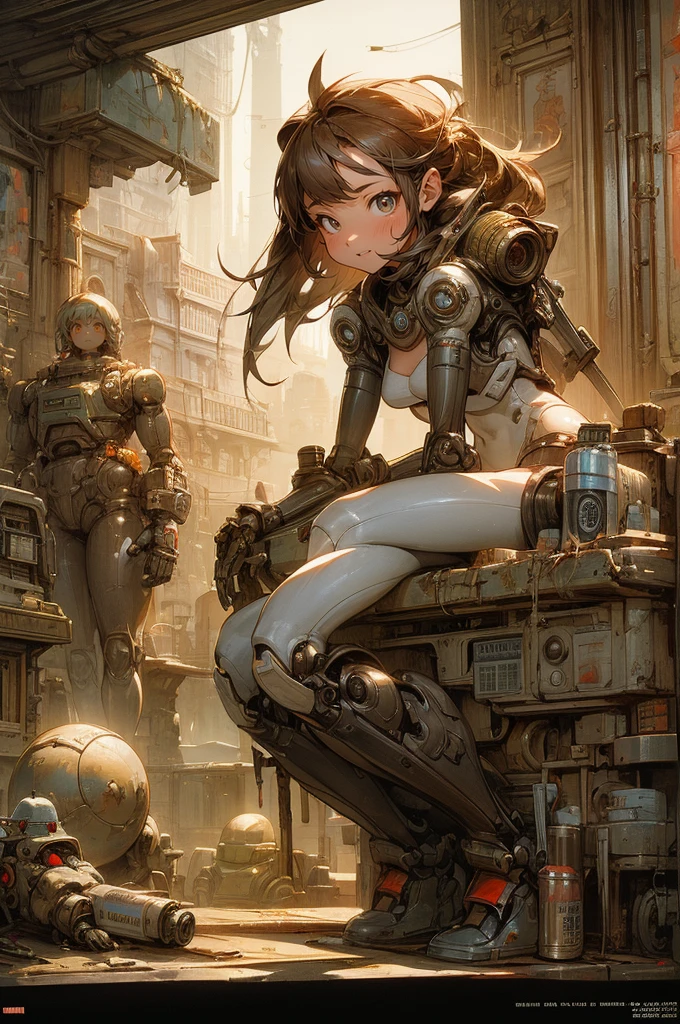 Highest quality、Highly detailed、Staring at the viewer with wild animal eyes、A beautiful girl who is always smiling、Supple body lines、Shabby bodysuit、Gloves、Surrounded by vintage toy robots、A city made of tin and metal like a can、A cluttered city、Retro、Sepia contrast、Rusty Door、Fantasy Punk City、Warm atmosphere