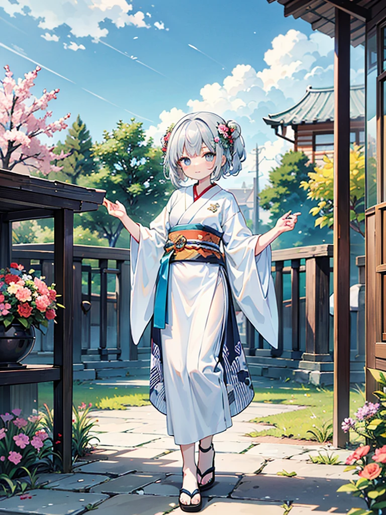 Magnificent View、Floating Island、Hanging Garden、Outdoor、anime、High definition、Holy Maiden、Shrine maiden、With many flowers blooming、Silver Hair（The top of the head is indigo blue、The ends of the hair are red.）、whole body、Jade Eyes、Dance dedicated to the gods、Votive dance