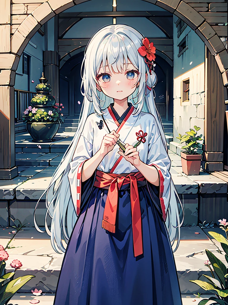 Magnificent View、Floating Island、Hanging Garden、Outdoor、anime、High definition、Holy Maiden、Shrine maiden、With many flowers blooming、Silver Hair（The top of the head is indigo blue、The ends of the hair are red.）、whole body、Jade Eyes、Dance dedicated to the gods、Votive dance