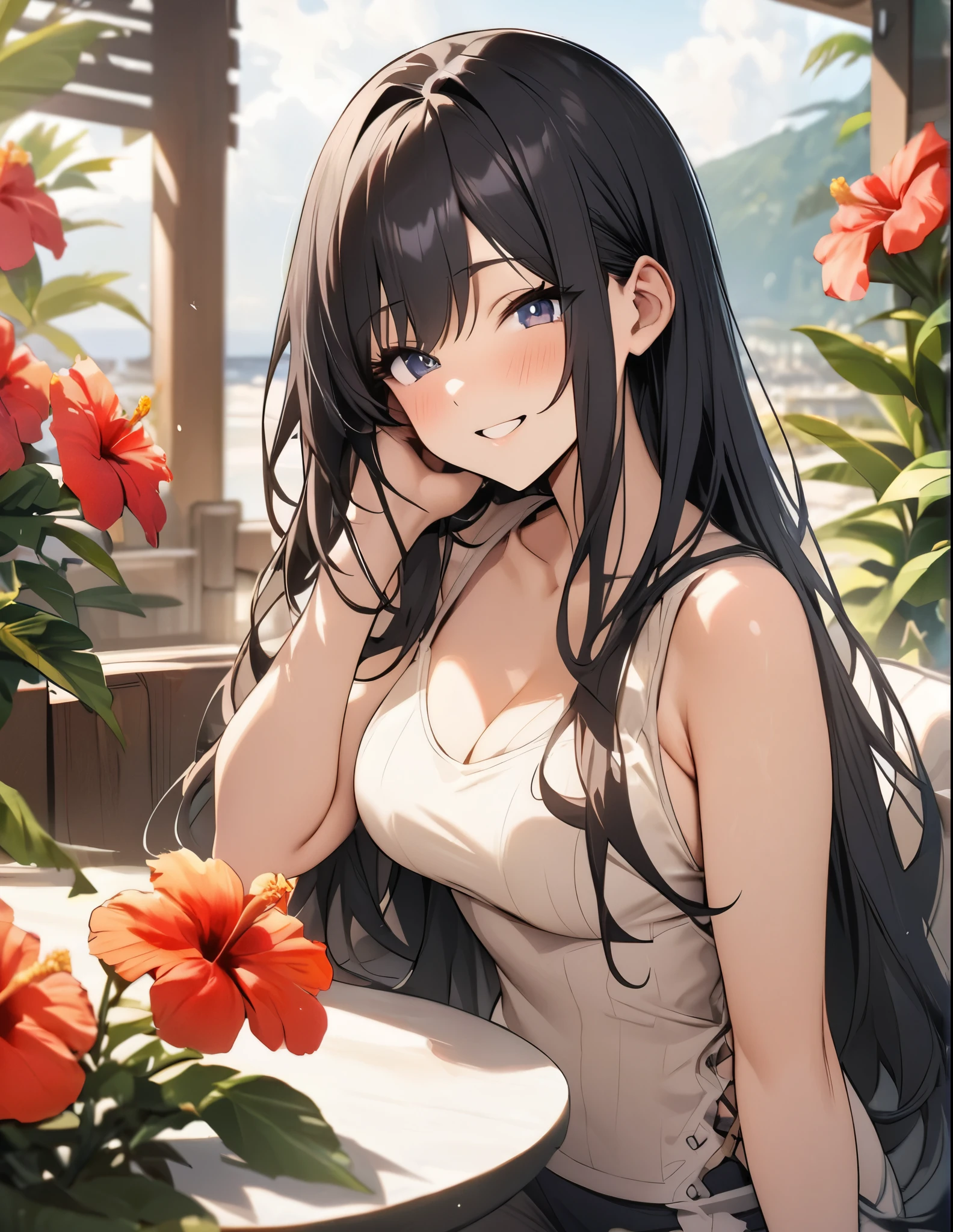 One person, Long Hair, smile, Black Hair, hibiscus, masterpiece, 