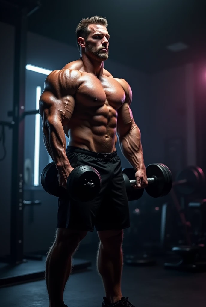 man strong, muscular arms and legs, in gym, holding dumbbells, image background in black and baby lilac colors, where the color black predominates