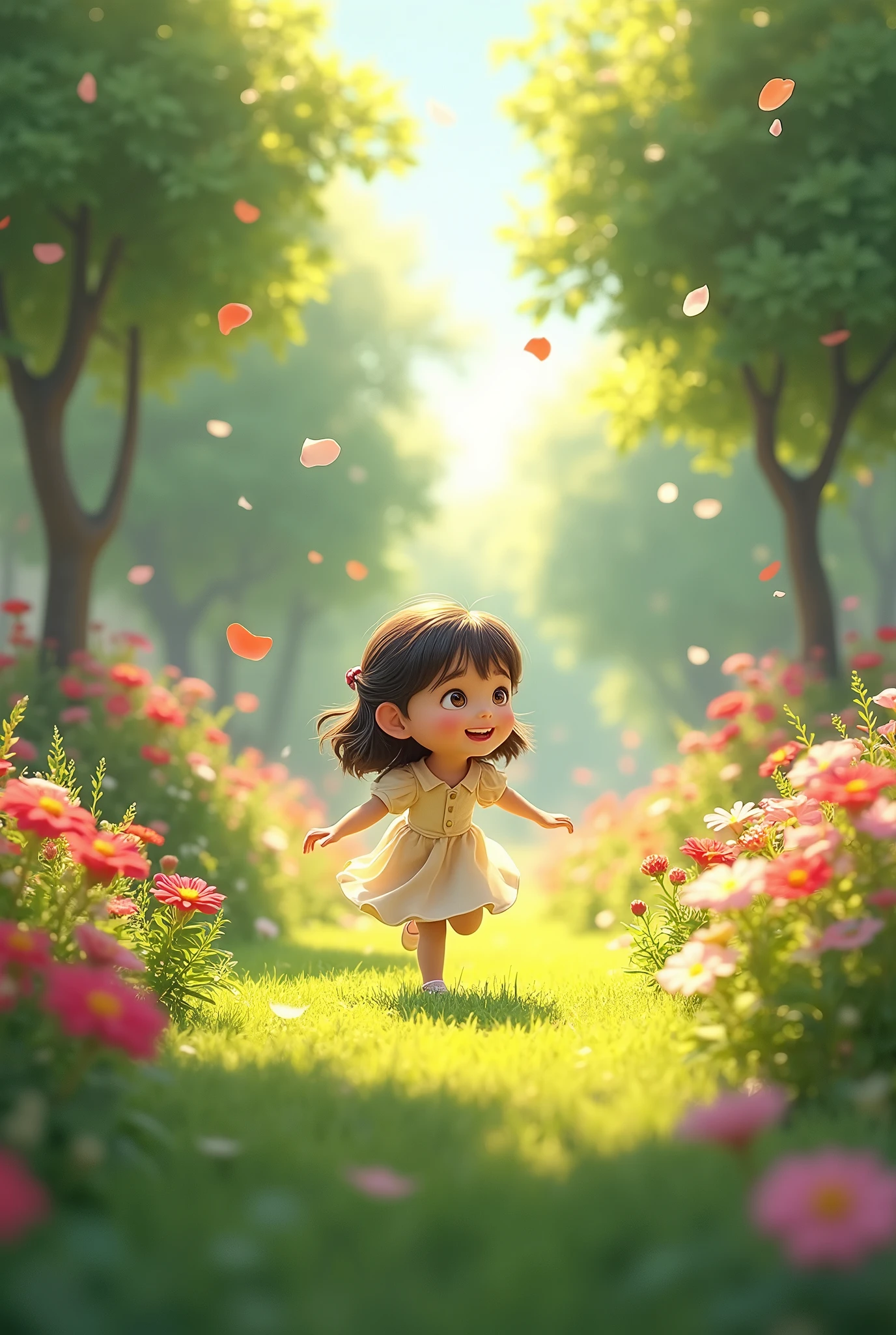 Prompt: A young,  girl playing joyfully in a beautiful village garden filled with colorful flowers, trees, and green grass. The scene is peaceful and bright with sunlight filtering through the leaves.